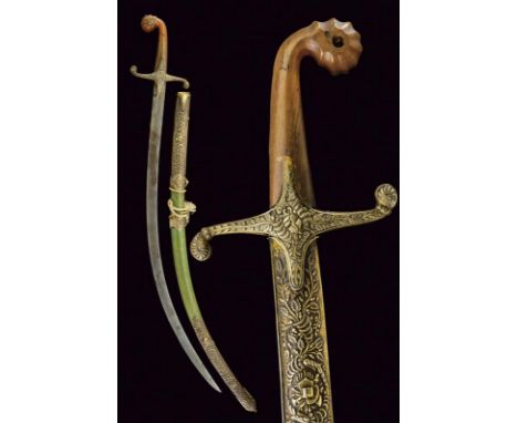 dating: Mid 19th Century provenance: Turkey, Curved, flat, single-edged blade, in damask. Silver hilt, richly decorated with 