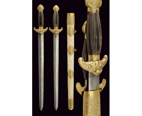dating: 19th Century provenance: China, Straight, double-edged blades, in damask, ribbed in the center on both sides. Brass, 