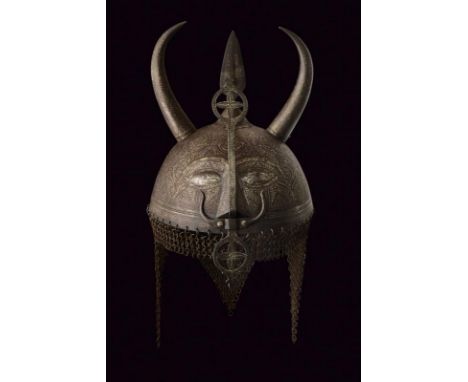 dating: Late 19th Century provenance: India, Hemispherical, iron skull, surmounted by a leaf-shaped cusp, on a tapering base,