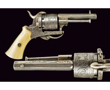 dating: about 1870 provenance: Belgium, Octagonal, rifled, 5 mm cal. barrel, engraved, with fore-sight; six-shot cylinder, fi