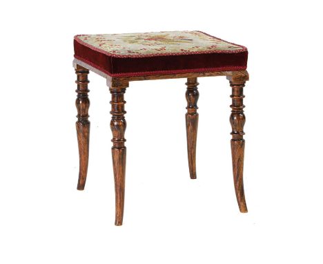 A faux rosewood stool 19th Century, the needlework seat on outswept turned legs40cm wide37cm deep44cm high