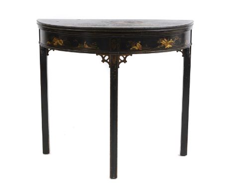 A George III style japanned card table 19th century, the demilune foldover top decorated with oriental scenes on four chanell