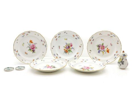 A Herend porcelain sifter painted with flowers, printed and painted marks,12.2cm hightogether with a set of five Meissen porc