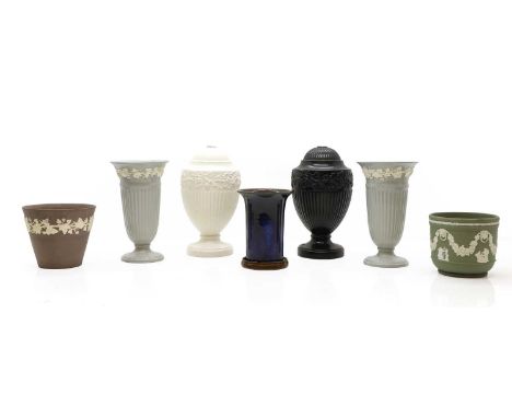 A collection of Wedgwood pottery items, 20th century, comprising a Jasperware jardiniere with classical figures leaf and vine