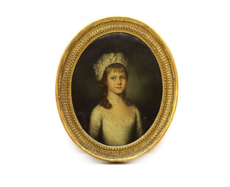 English School, 18th century, Portrait of a girl,oval, oil on canvas laid on board 30.5cm x 25cm, framedCondition ReportThe p