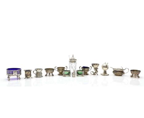 A group of silver cruets, to include a pair of salts by Chawner &amp; Co (George William Adams), London 1874, with beaded dec