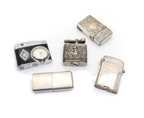 A group of silver lighters comprising a Buler black enamelled combination watch and lighter, marked Silver, 5.5cm wide, an Ar