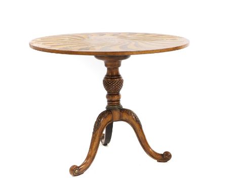 A walnut tripod table, 20th century, the circular top inlaid with alternating swirls of burr walnut and satinwood segments ra