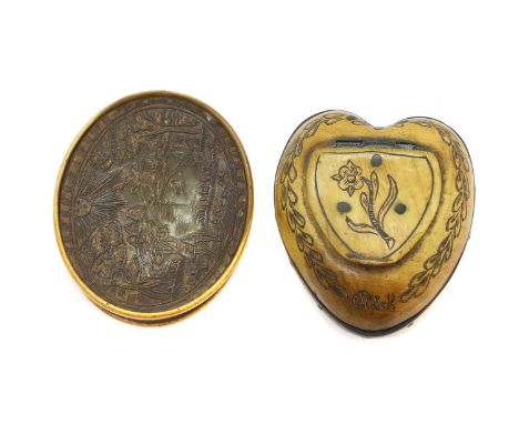 A naive pressed horn snuff box 18th Century, the cover decorated with a hunting scene5cm wide4cm deep1cm high together with a