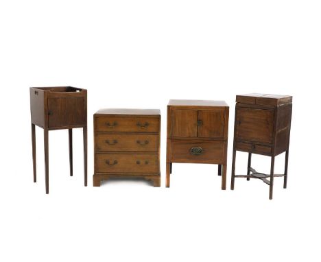 A mahogany three drawer chest, 20th century, 56cm wide 38cm deep63cm high and three mahogany bedside tables, one a converted 