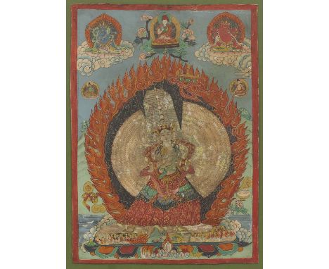 A Tibetan thangka,  20th century, painted with a bodhisattva with numerous of hands and heads, standing on a lotus pedestal i