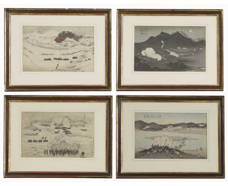 A collection of four Japanese woodblock prints, Meiji period (1868-1912), depicting events from the First Sino-Japanese War, 