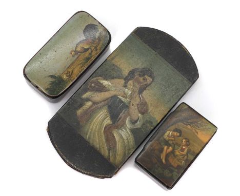 A group of three papier mache items consisting of a spectacle case decorated with a portrait of a courtly lady, 7cm wide14cm 