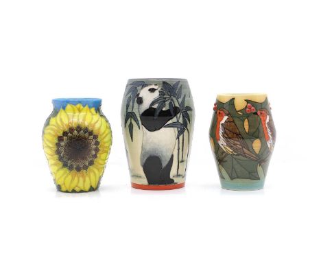 Three Dennis Chinas Works pottery vases designed by Sally Tuffin, the first decorated with pandas amongst bamboo, dated 2009,