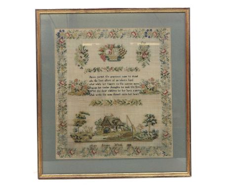 A George IV sampler with floral borders, floral bouquets and a cottage, Mary Swan's work 188660 x 56cm, framed