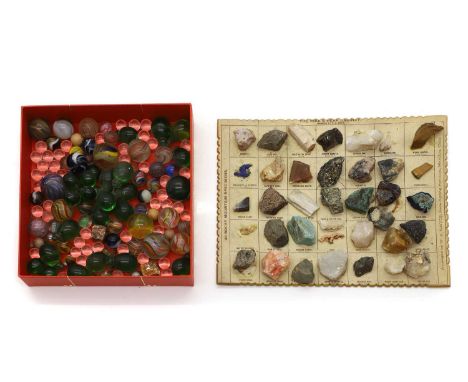 A collection of glass marbles, 20th century, glass balls, green glass grapes, together with and '40 Rocky Mountain Specimens'