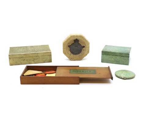 Two shagreen cigarette boxes,  1930s, one with ivory stringing,13cm and 19cm wide,  a compact, 8.5cm diameter,  an ashtray, m