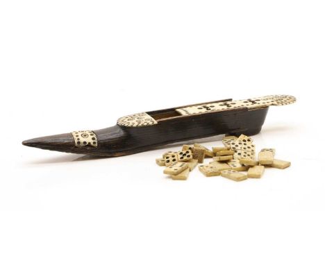 A treen and bone domino shoe 19th Century, the sliding top with pegboard, 19.5cm long3cm deep2.5cm highCondition Reportbone p