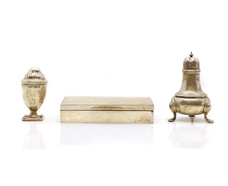 A silver cigarette box, by Frederick William Hentsch, with engine turned decoration,14.4cm widetogether with two silver peppe