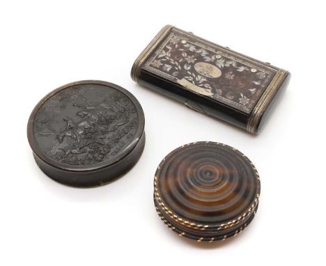 A pressed horn and silver inlaid snuff box 18th Century, of rectangular form, the lid engraved within a cartouche and foliate