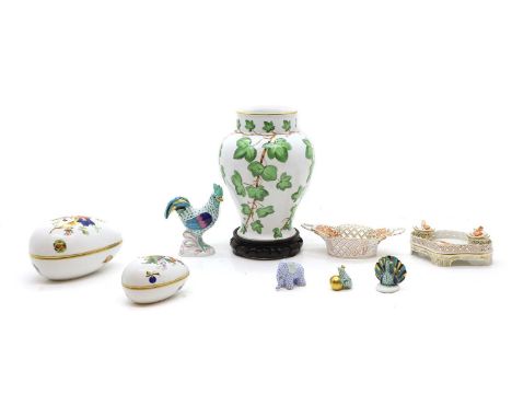 A collection of Herend porcelain, 20th century, comprising:a large vase, 23.8cm, on a wood stand, two egg form pots and cover