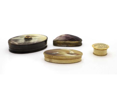 A horn and hardstone inset snuff box 19th Century, Scottish, of oval form, together with a further oval horn box, a small bon