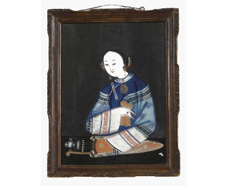 A Chinese reverse glass painting, late Qing dynasty, of a lady wearing a blue-coloured silk robe decorated with endless knots