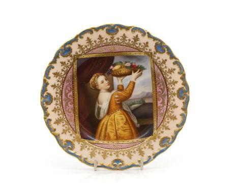 A Meissen porcelain plate 20th century, the centre with a painting of a lady carrying a basket of fruit and flowers, blue und