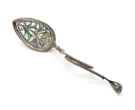 A sterling silver and enamel loop spoon, c.1900, probably Norwegian, the twisted loop handle with enamel finial and bowl deco