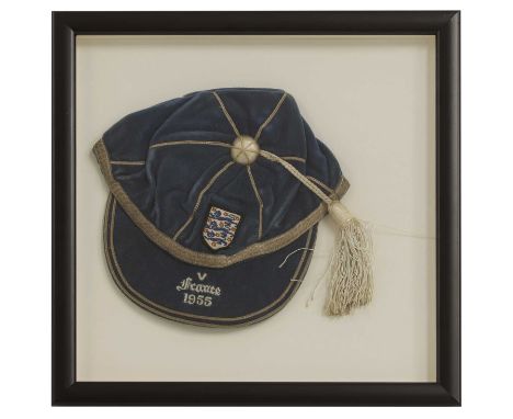 A framed England football player’s cap 1955, for the international match between England and France,39cm square