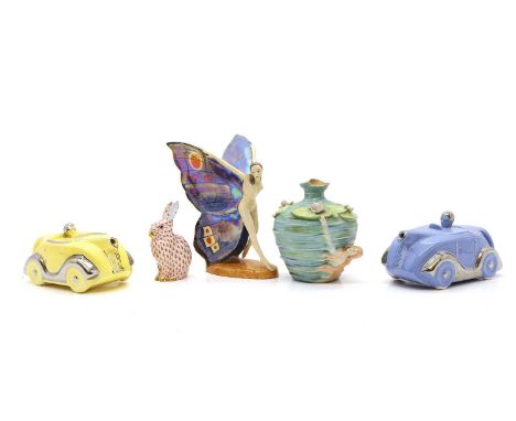 A Carltonware Butterfly Girl,  20th century, limited edition, 23.5cm high,  two racing car teapots, 23cm wide,  a Herend hare