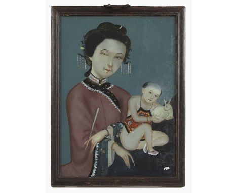 A Chinese reverse glass painting, late Qing dynasty, of a lady wearing a pink-coloured silk robe, together with a boy holding