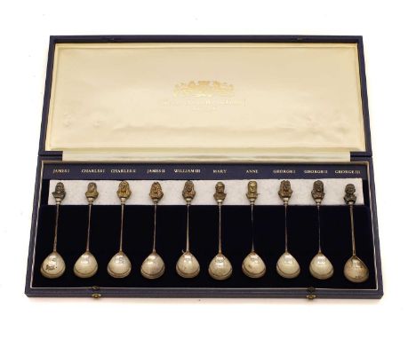 A collection of ten silver spoons commemorating the American Royal Family, each with a moulded bust of the different monarchs