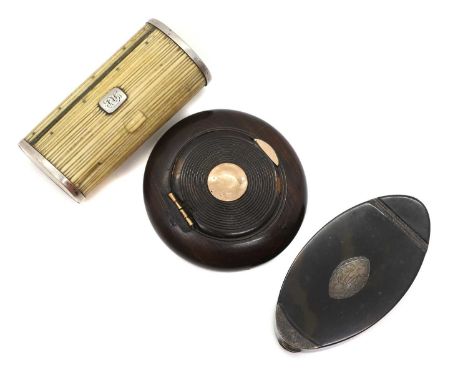 A bone and white metal mounted snuff box 19th Century, with reeded decoration, the lid with engraved initial plaque,7.5cm wid