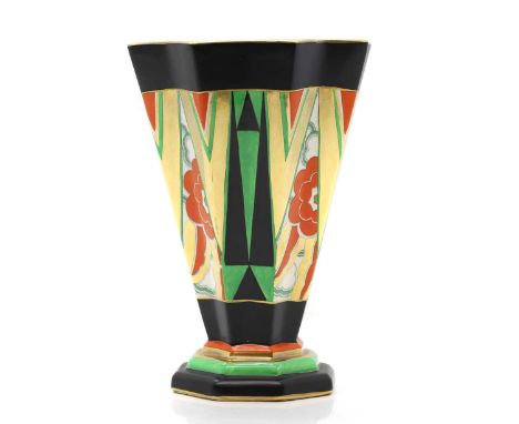 An Art Deco Crown Devon vase. 1930s, in black, green orange and gold designs, printed marks and numbered '2115', 25.5cm highC