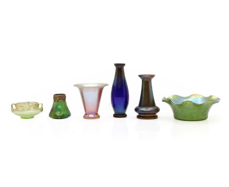 A collection of six Bohemian iridescent glass items, early 20th century and later, comprising a Loetz Papillon glass bowl, 23