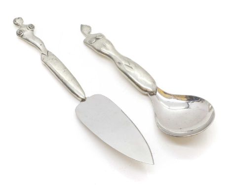 Carrol Boyes (South African, 1954-2019) c.1990s, comprising a cake server, and a spoon, the handles modeled as women,spoon 26