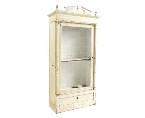 A painted bookcase c.1900, French, having a neo-classical pediment and column sides, with wired panel door90cm wide46cm deep2