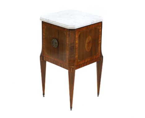 A Dutch mahogany jardiniere 19th century, satinwood and inlaid decoration, with a tin liner and associated carrera marble top