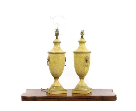 A pair of modern 'tole peintre' urn table lamps by Vaughan, of classical design, on square pedestal bases15cm wide42cm high (