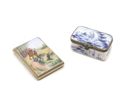 A gilt metal and enamelled cigarette case 20th Century, the cover decorated with hunting scene, together with a Dutch delft p