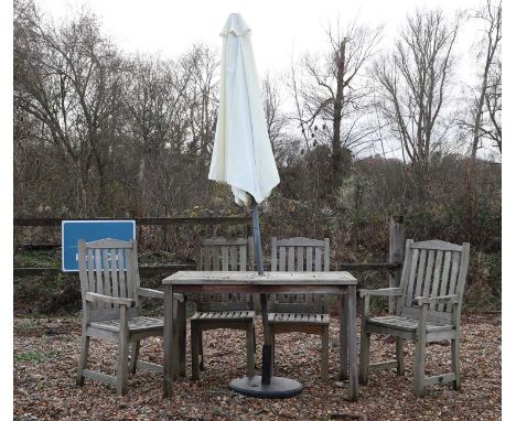 A teak garden table and four chairs and umbrella, modern, table 120cm wide 70cm deep75cm high,armchairs, 56cm wide singles, 4