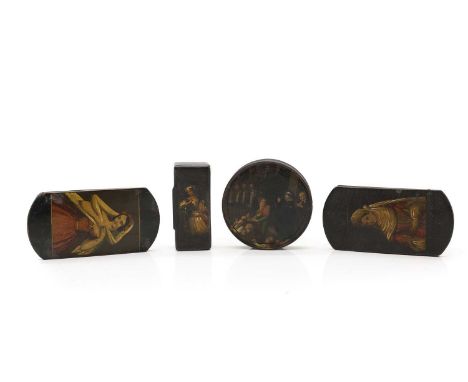 Four papier mache boxes and cases 19th Century,comprising two papier mache and painted cigar cases each painted with half-len