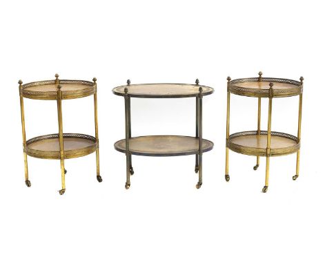 A pair of regency style two tier side tables 20th century, the circular leather inset galleried tops on gilt brass supports w