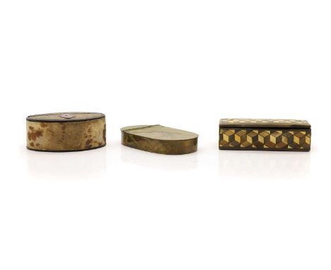 A George III pony skin and silver mounted snuff box of oval form, together with a brass example engraved with 'Old Q' and a g