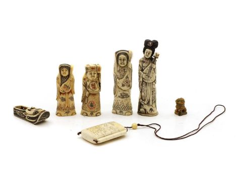 A collection of Japanese bone okimono late 19th to early 20th century, to include three figures of ladies, one of a gentleman