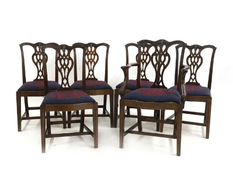 A set of six mahogany dining chairs, 20th century, (1 + 5) in the Chippendale style, each with serpentine drop in blue and re