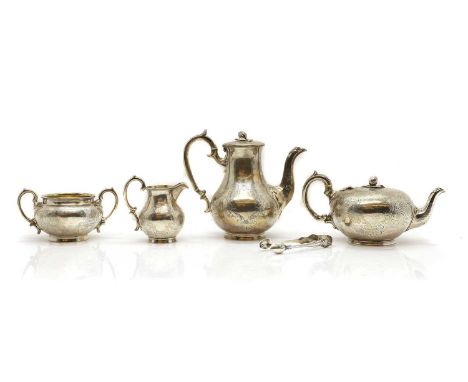 A composed silver-gilt four piece service,  the tongs, London 1841, the rest probably by John Wellby, London 1834, with engra