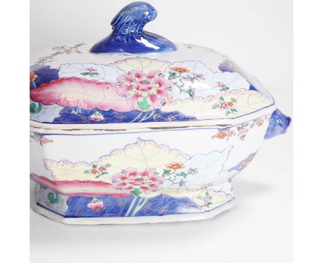 A Chinese export famille rose 'tobacco leaf' tureen and cover,  Qing dynasty (1644-1911), of octagonal form with boar's head 