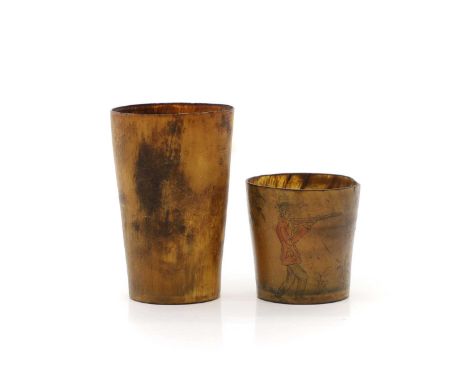 Two horn beakers 19th Century, one engraved with a wildfowling scene,the largest 6.5cm diameter, 11cm high (2)Condition Repor